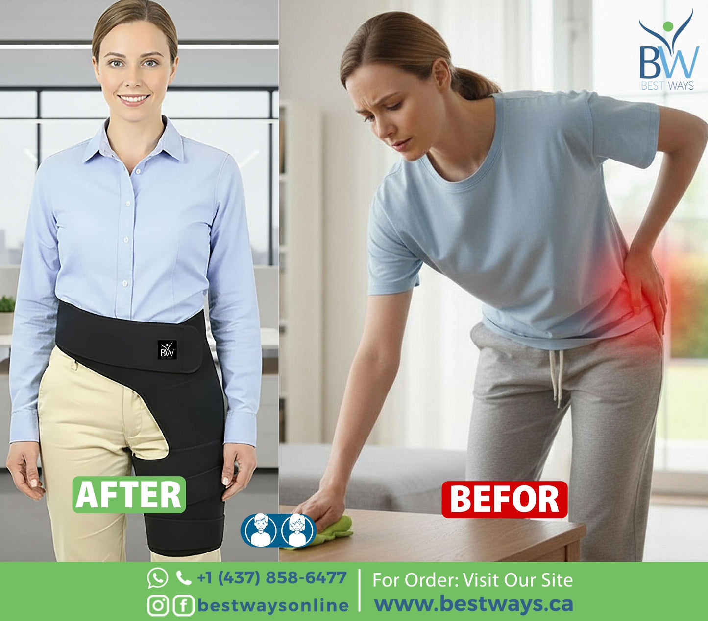 BestWays Thigh & Hip Brace provides dual support for hip & thigh pain, muscle tension, and groin strain. Adjustable, breathable & universal fit.