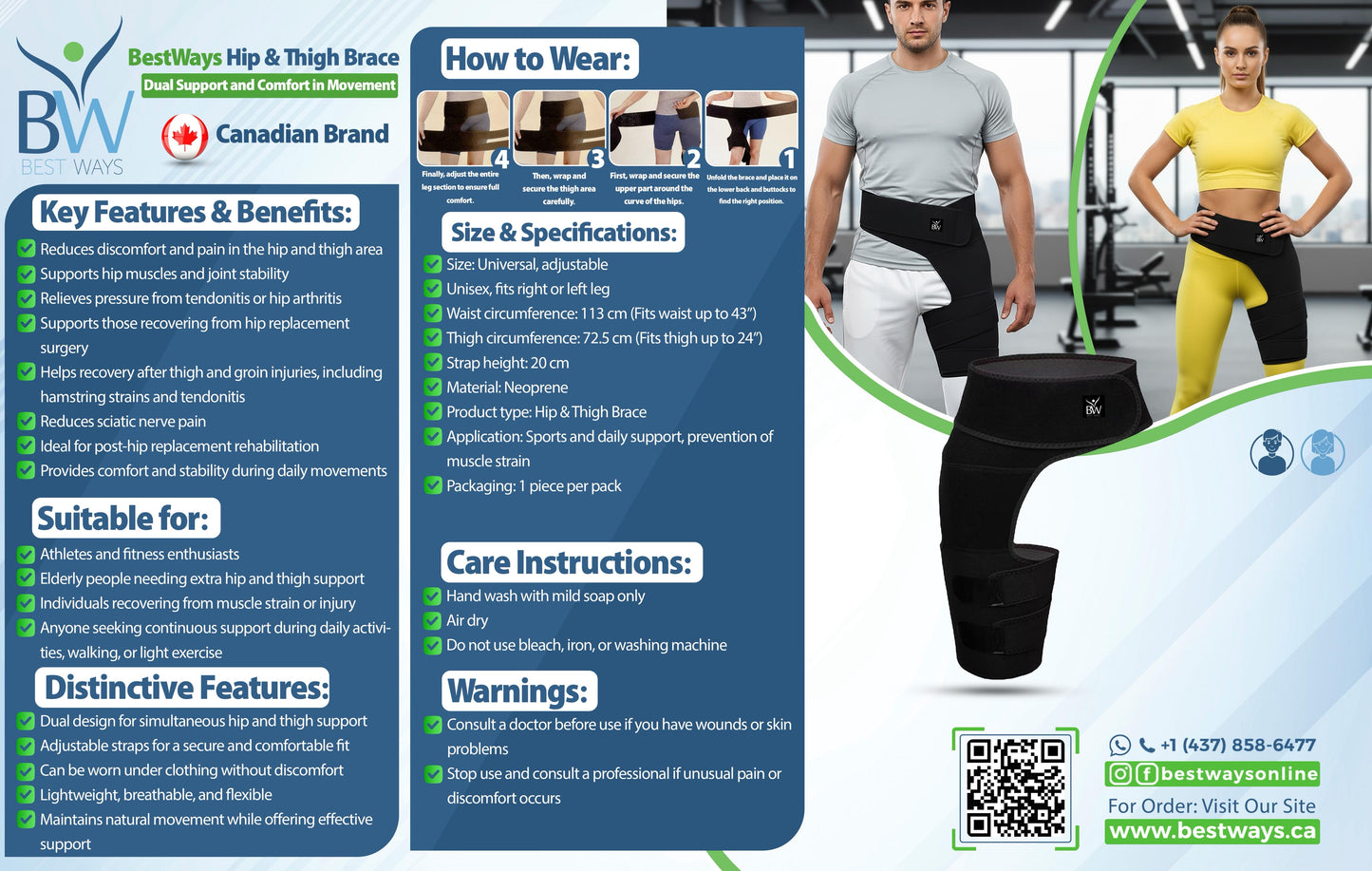 BestWays Thigh & Hip Brace provides dual support for hip & thigh pain, muscle tension, and groin strain. Adjustable, breathable & universal fit.