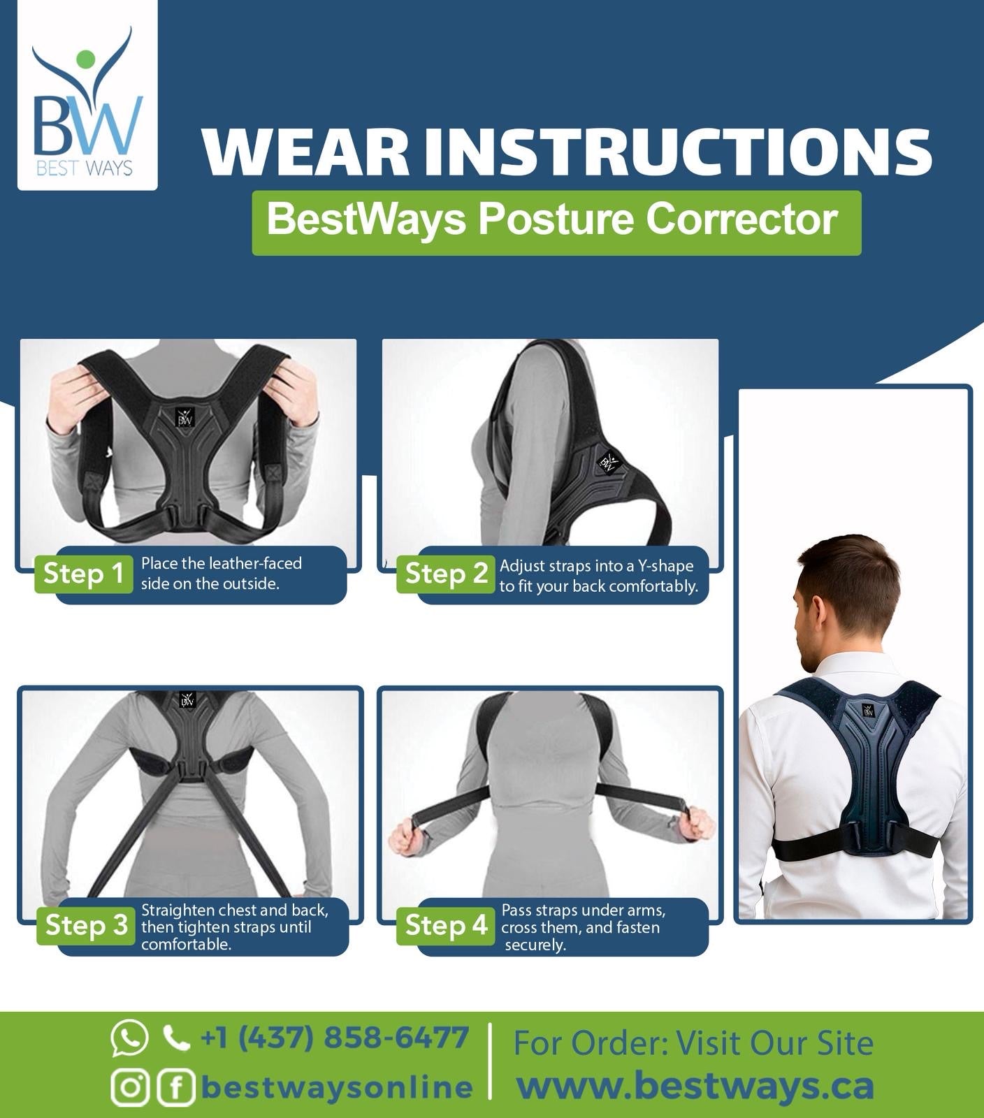 Improve posture, relieve back & neck pain, and boost confidence with the BestWays Posture Corrector. Lightweight, adjustable, and discreet under clothes.