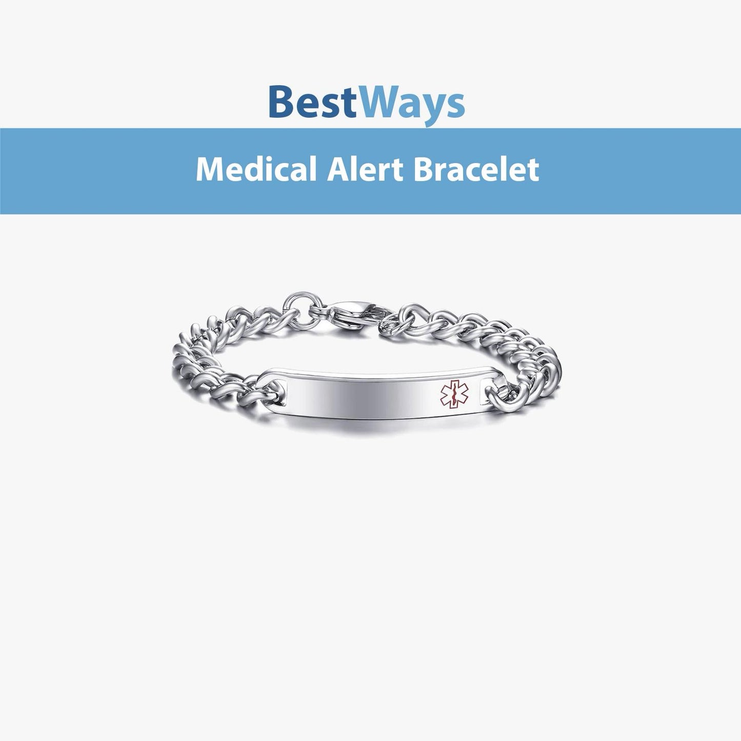 Stay safe in style with the BestWays T™ Medical Alert Bracelet. Featuring a stainless steel Cuban link chain, red Star of Life, and custom engravable ID plate, it alerts responders to your critical health information instantly. Hypoallergenic, durable, unisex, and adjustable for everyday wear.