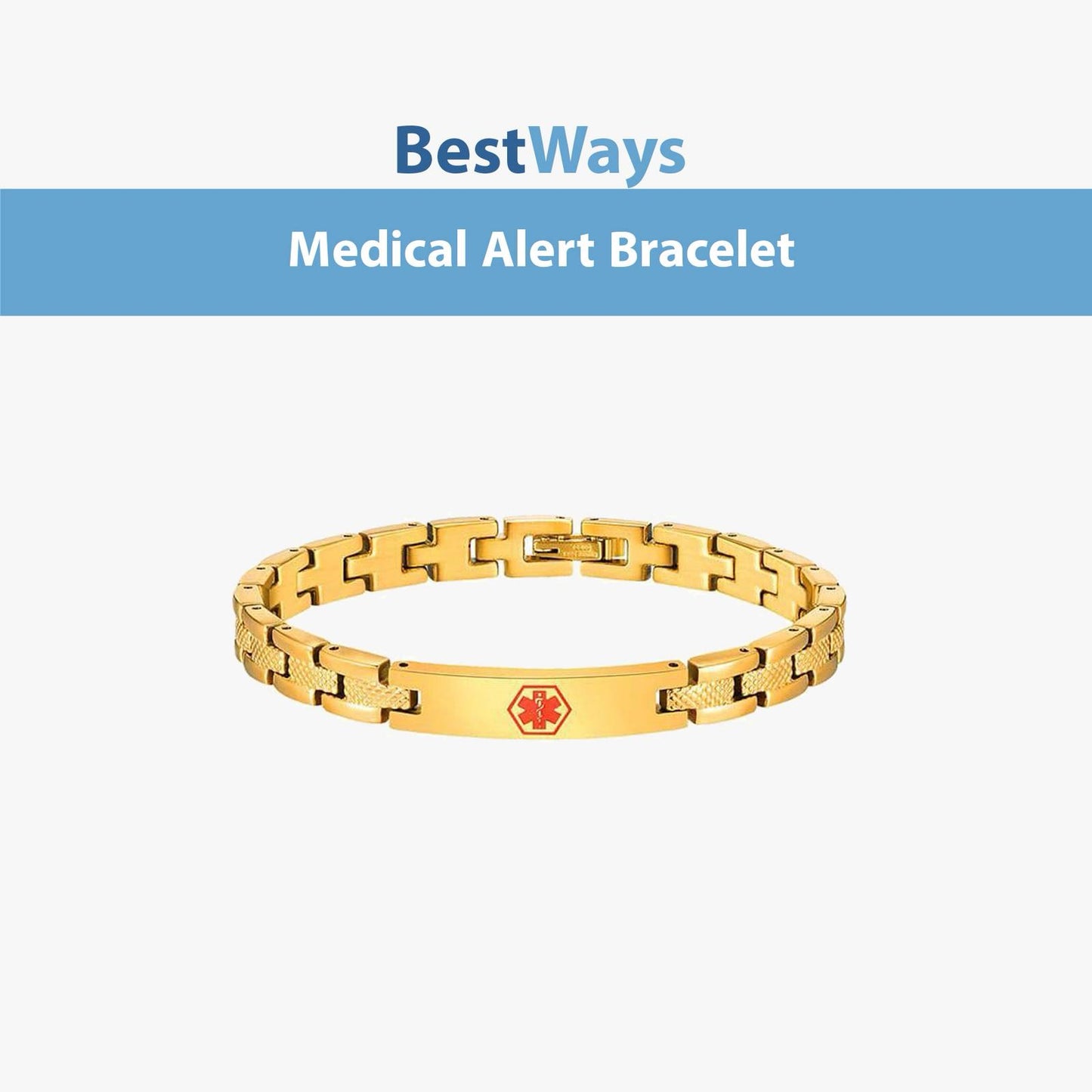 Stay stylish and protected with the BestWays Unisex Medical Alert Bracelet. Made from stainless steel with a radiant gold-tone finish, it features an engraved medical symbol and space for custom engraving of vital information such as conditions, allergies, or blood type. Durable, hypoallergenic, and perfect for daily wear.