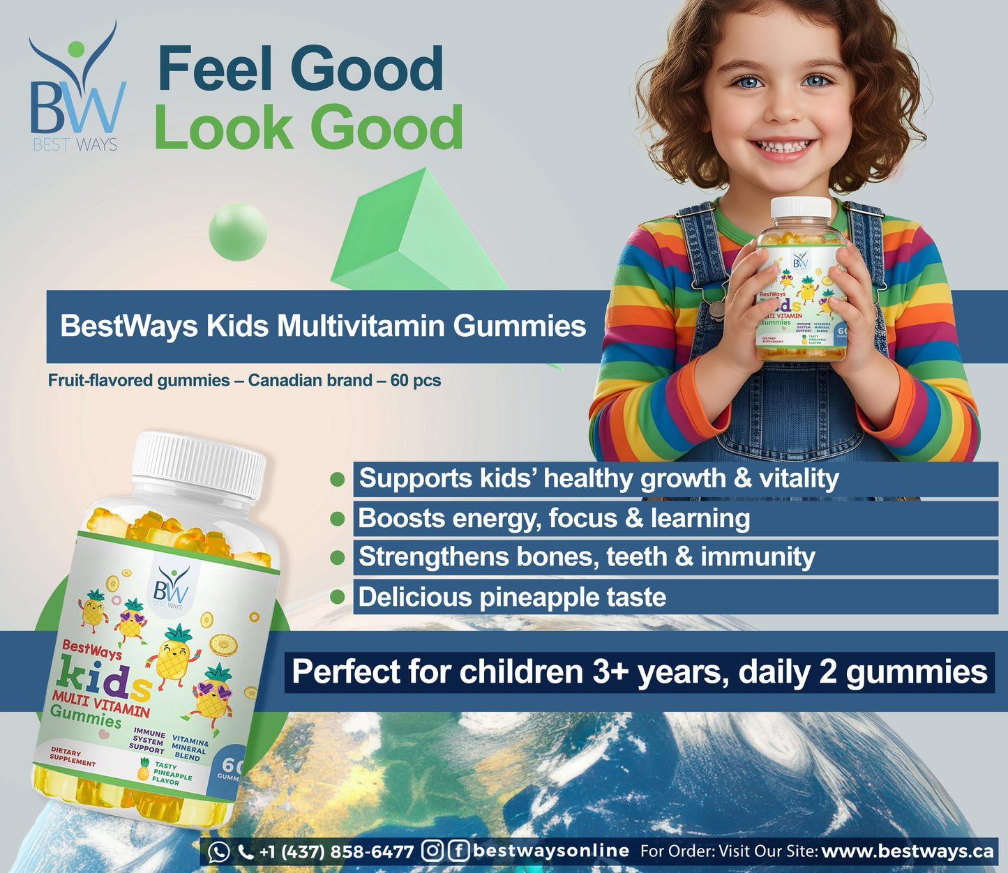 Boost your child’s immunity, focus, and growth with BestWays Kids Multivitamin Gummies. 13+ essential nutrients, tasty flavors, gluten-free.