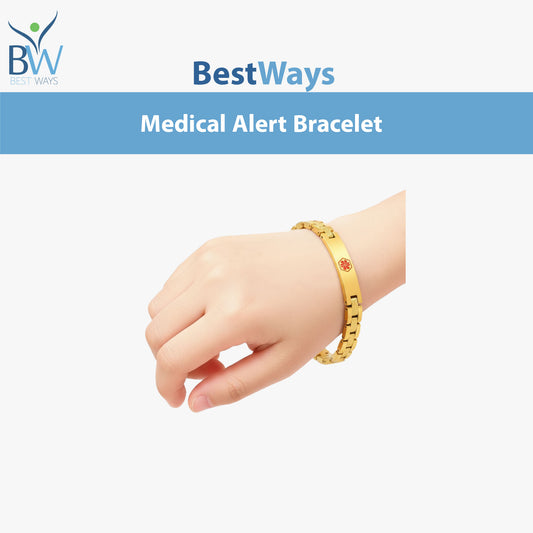 Stay stylish and protected with the BestWays Unisex Medical Alert Bracelet. Made from stainless steel with a radiant gold-tone finish, it features an engraved medical symbol and space for custom engraving of vital information such as conditions, allergies, or blood type. Durable, hypoallergenic, and perfect for daily wear.