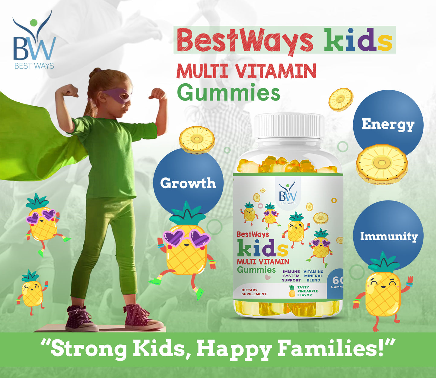 Boost your child’s immunity, focus, and growth with BestWays Kids Multivitamin Gummies. 13+ essential nutrients, tasty flavors, gluten-free.