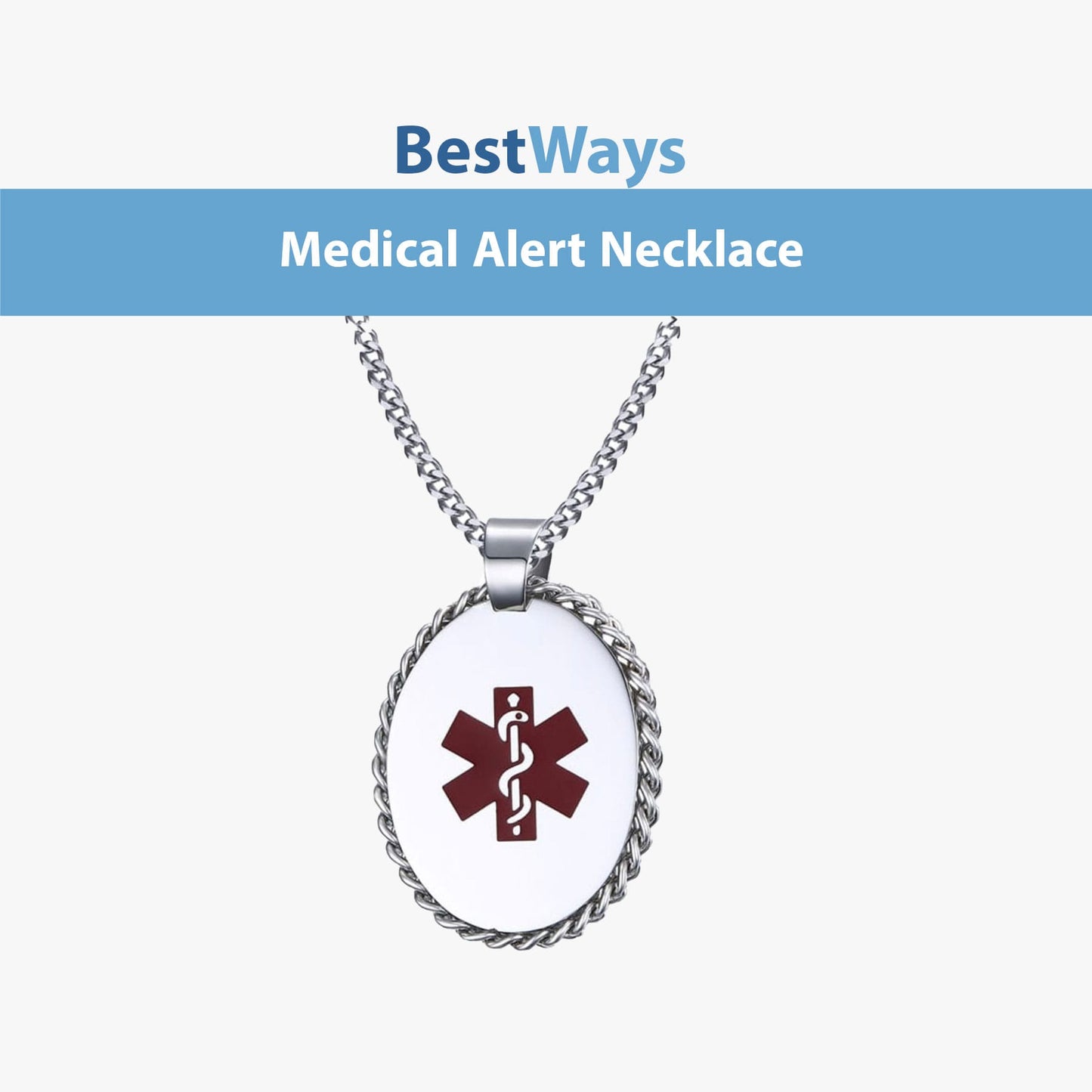 Stay protected with the BestWays Oval Medical Alert Necklace. Made from durable stainless steel, this hypoallergenic pendant features the red Star of Life for instant recognition in emergencies. Includes a 60 cm classic chain, perfect for diabetes, allergies, epilepsy, heart conditions, or medication needs.