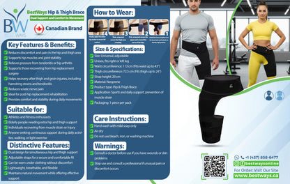 BestWays Thigh & Hip Brace provides dual support for hip & thigh pain, muscle tension, and groin strain. Adjustable, breathable & universal fit.