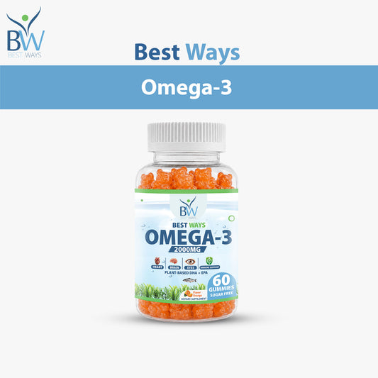 Best Ways Omega-3 Gummies 1000mg bottle with orange bear-shaped gummies, halal supplement for heart, brain, and immune support, 60 fruity gummies.
