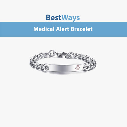 Stay safe in style with the BestWays T™ Medical Alert Bracelet. Featuring a stainless steel Cuban link chain, red Star of Life, and custom engravable ID plate, it alerts responders to your critical health information instantly. Hypoallergenic, durable, unisex, and adjustable for everyday wear.