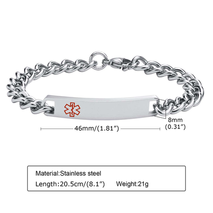 Stay safe in style with the BestWays T™ Medical Alert Bracelet. Featuring a stainless steel Cuban link chain, red Star of Life, and custom engravable ID plate, it alerts responders to your critical health information instantly. Hypoallergenic, durable, unisex, and adjustable for everyday wear.