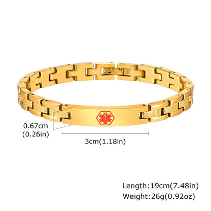 Stay stylish and protected with the BestWays Unisex Medical Alert Bracelet. Made from stainless steel with a radiant gold-tone finish, it features an engraved medical symbol and space for custom engraving of vital information such as conditions, allergies, or blood type. Durable, hypoallergenic, and perfect for daily wear.