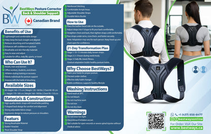 Improve posture, relieve back & neck pain, and boost confidence with the BestWays Posture Corrector. Lightweight, adjustable, and discreet under clothes.
