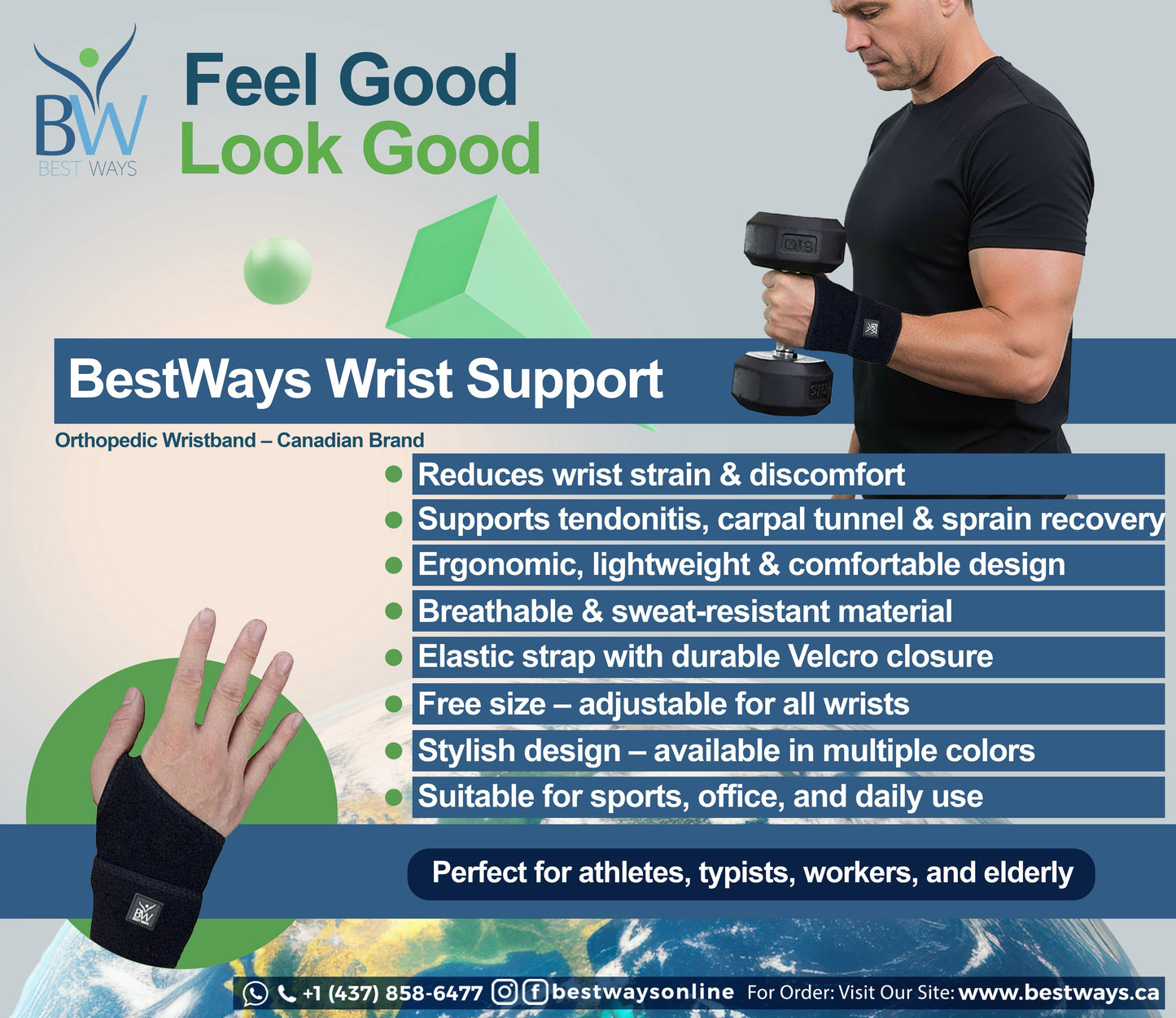 BestWays Wrist Band (Wrist compression Strap and Wrist Brace Sport Support for Fitness Weightlifting tendinitis Carpal Tunnel | Universal | Adjustable Size