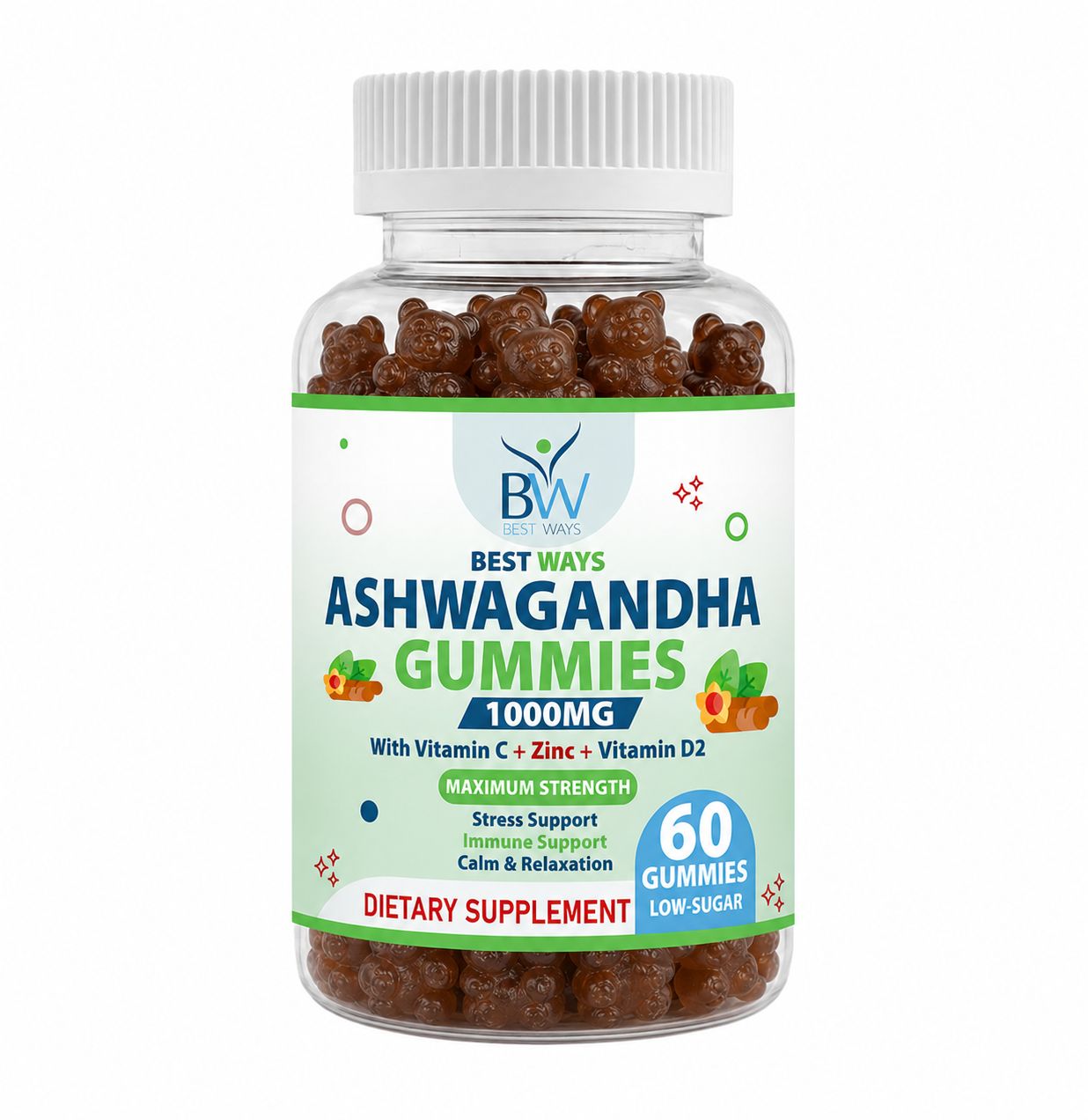 Bottle of Best Ways Ashwagandha Gummies 1000mg with Vitamin C, Zinc & Vitamin D2 for stress relief, immune support, calmness, relaxation, and daily wellness. 60 low-sugar gummies.
