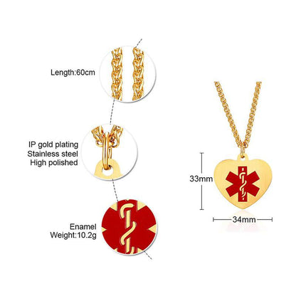 Stay safe in style with this Gold Heart Medical Alert Necklace. Featuring a stainless steel heart-shaped pendant with IP gold plating and a red enamel Star of Life, it ensures first responders recognize your medical needs instantly. Hypoallergenic, tarnish-resistant, and perfect for diabetes, epilepsy, allergies, heart conditions, and more.