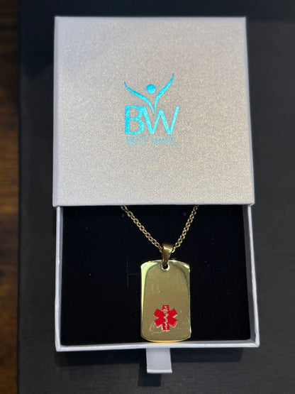 Collier d'alerte médicale en or – Pendentif en acier inoxydable avec symbole rouge