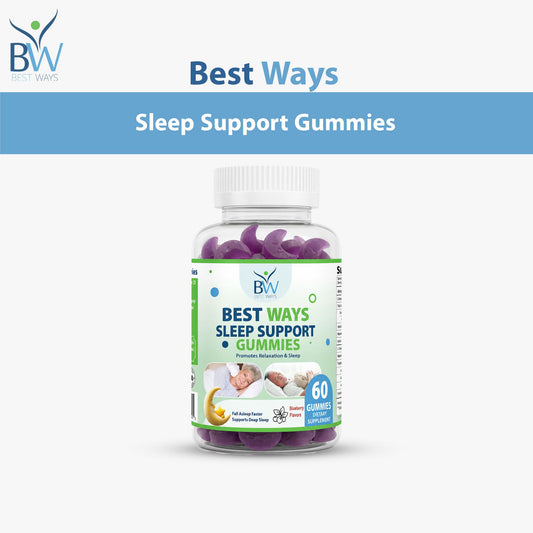 Best Ways Sleep Support Gummies bottle with 60 blueberry flavored gummies
Natural sleep support gummies by Best Ways for relaxation and better sleep
Bottle of sleep gummies designed to help fall asleep faster and sleep deeper
Best Ways blueberry sleep gummies supplement for nighttime relaxation
Sleep support gummy bottle with purple gummies for stress relief and rest