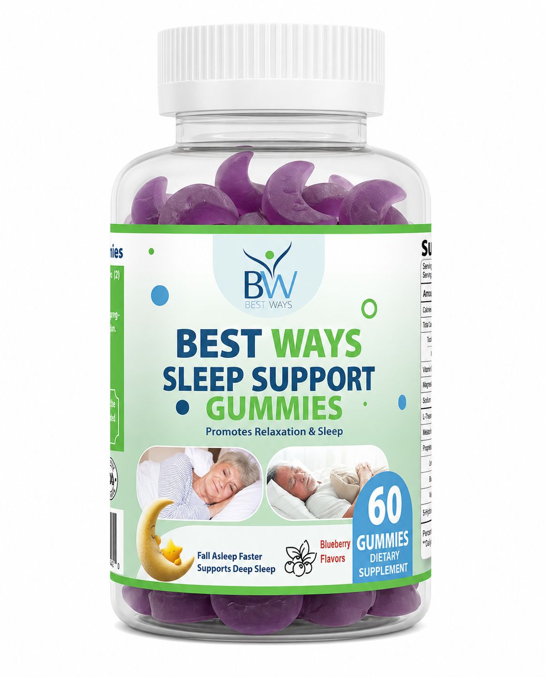Best Ways Sleep Support Gummies bottle with 60 blueberry flavored gummies
Natural sleep support gummies by Best Ways for relaxation and better sleep
Bottle of sleep gummies designed to help fall asleep faster and sleep deeper
Best Ways blueberry sleep gummies supplement for nighttime relaxation
Sleep support gummy bottle with purple gummies for stress relief and rest