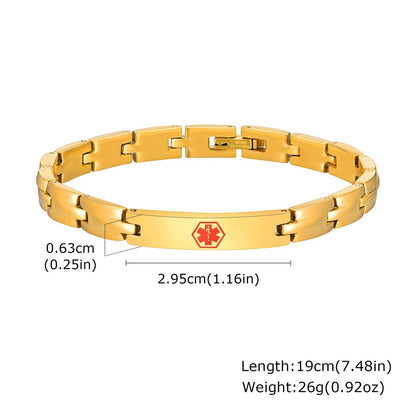 Stay protected in style with the BestWays Medical Alert Bracelet. Made from durable stainless steel with a gold-tone finish, it features a red medical symbol for quick recognition and an engravable plate for vital health information or emergency contacts. Comfortable, rust-resistant, and perfect for diabetes, allergies, epilepsy, and more.