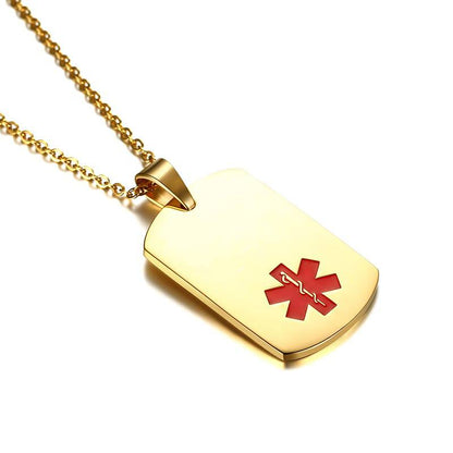 Collier d'alerte médicale en or – Pendentif en acier inoxydable avec symbole rouge