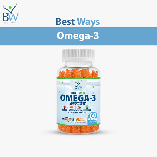 Best Ways Omega-3 Gummies 1000mg bottle with orange bear-shaped gummies, halal supplement for heart, brain, and immune support, 60 fruity gummies.