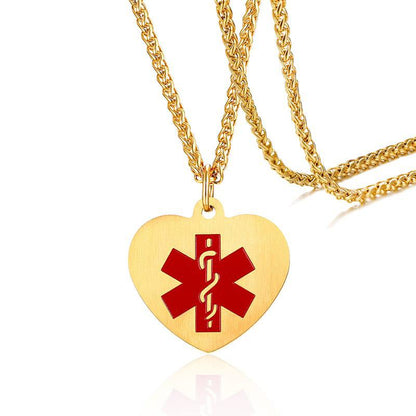 Collier d'alerte médicale en forme de cœur – Acier inoxydable plaqué or
