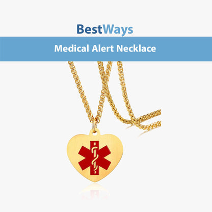Stay safe in style with this Gold Heart Medical Alert Necklace. Featuring a stainless steel heart-shaped pendant with IP gold plating and a red enamel Star of Life, it ensures first responders recognize your medical needs instantly. Hypoallergenic, tarnish-resistant, and perfect for diabetes, epilepsy, allergies, heart conditions, and more.